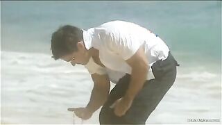 a hard cock goes into the ass of jessica fiorentino on the beach