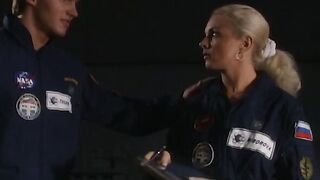 blonde christina gives sensual blowjob in zero gravity space capsule