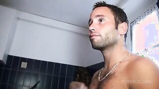 french teen takes three cocks in ass and big facial cumshot in front of cuckold