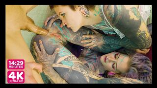 2 heavy tattoo girls get ass fucked by a big dick