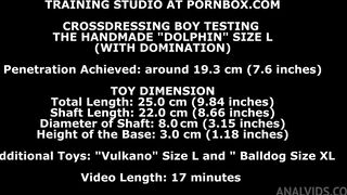 crossdressing boy tests the dolphin handmade dildo size l and gets 19.3 cm (7.6 inches) with anal fisting and domination twt005