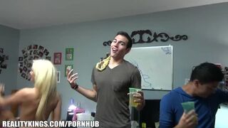 Group of HOT blonde college lesbians start a dorm room fuck party
