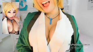 tsunade from naruto cosplay big boobs blonde teasing and fingering her ass right before riding her dildo so hard
