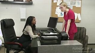 office co-workers lily and sinnamon having passionate lesbian sex at work