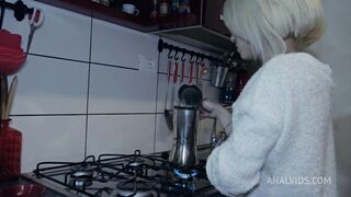 pov - very myller - the young blonde prepares the coffee while taking it in the ass and drinking all the cum - 4k