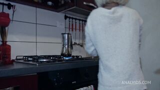 pov - very myller - the young blonde prepares the coffee while taking it in the ass and drinking all the cum - 4k