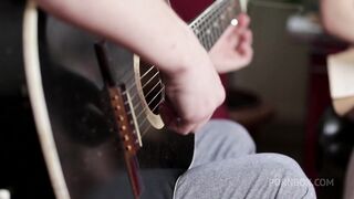 brunette teen in socks wants to learn how to play guitar and enjoying anal