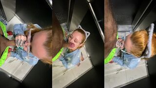 bitch enters the elevator with a stranger and sucks his dick until he asks to put it in her pussy and cum in her mouth at the end