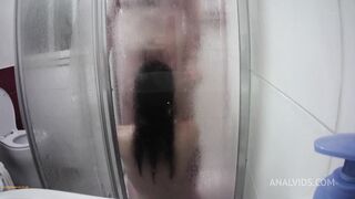shower scene number 3, taking my husband cock on throat, pussy and ass.