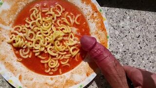 Rock Hard Cock Cums On Pasta !!!