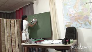 hot french teacher with black hair hard sodomized and facialized in threeway in her classroom