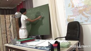 hot french teacher with black hair hard sodomized and facialized in threeway in her classroom