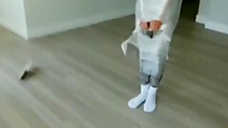 Gym Girl Mummified In Saran Wrap