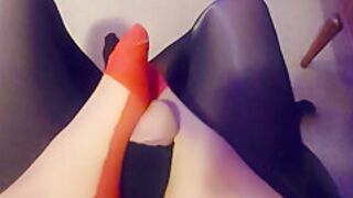 Lingerie Lovers - Red Cuban Heel Footjob Foreplay With Nylon Cock Or Mushroom Dick With Pussy Lips