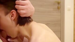 Girlfriend With Short Hair Style Giving A Blowjob