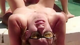 The Hung Guy Cums On Smoking Hot Girls Glasses Outdoors By The Pool