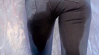Self Wetting In Tight Jeans And Pantyhose And Getting Pissed On