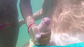 Handjob Underwater In A Public Beach. Cum In The Sea