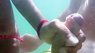 Handjob Underwater In A Public Beach. Cum In The Sea