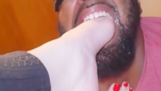 Amazing Red Painted Toes Deep In Subs Mouth