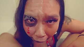 Big Booty Asian Slut Takes A Massive Facial In Halloween Party Bathroom