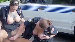 Two Busty Milf Cops Sharing A Black Criminal Outdoors In Interracial Threesome