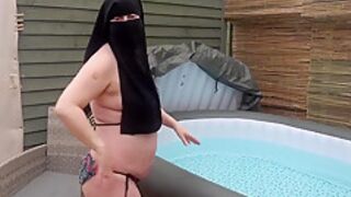 Sexy Big Breasts Wife Stripping In Niqab And String Bikini