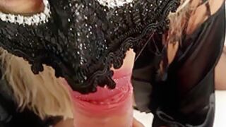 Milf In Mask And Sexy Lingerie Sucks From Start To Finish No Cuts! Cum In Mouth On Tongue Face