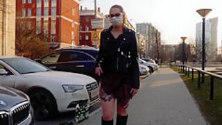 Amateur Public Upskirt No Panties Street Walk With Braless Boobs And Vagina Flashing With Thick Legs