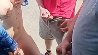 In The Parking Lot, Two Strangers Masturbate And Cum On Their Tits, Handjob In Public