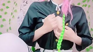 Anime Girl And Petite Girl In Cosplay Mitsuri Kanroji Masturbates Creamy Pussy To Amazing Orgasms